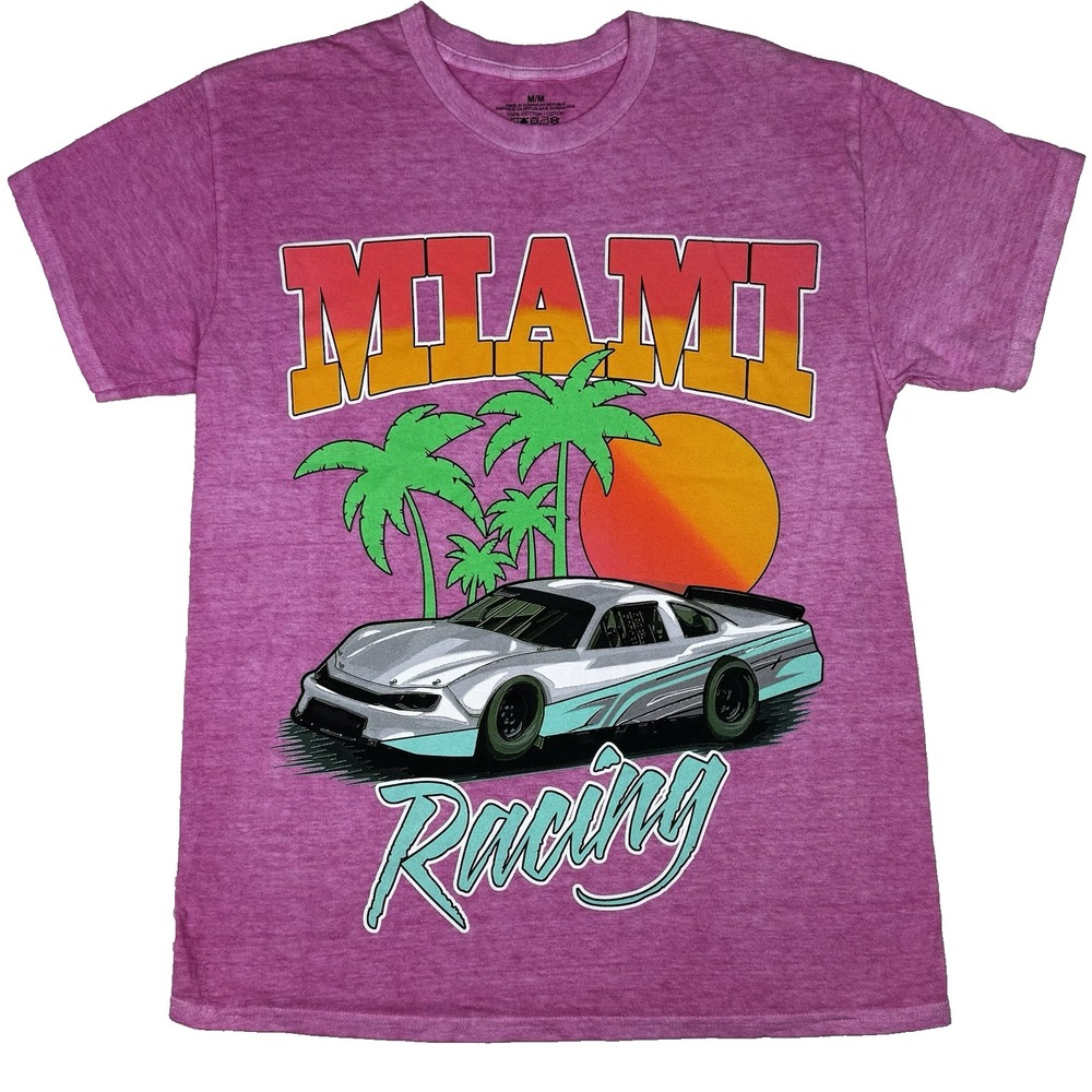 Miami Racing Tee Pink Medium‎ Vibrant Retro Style Graphic Car Palm Tree Sunset